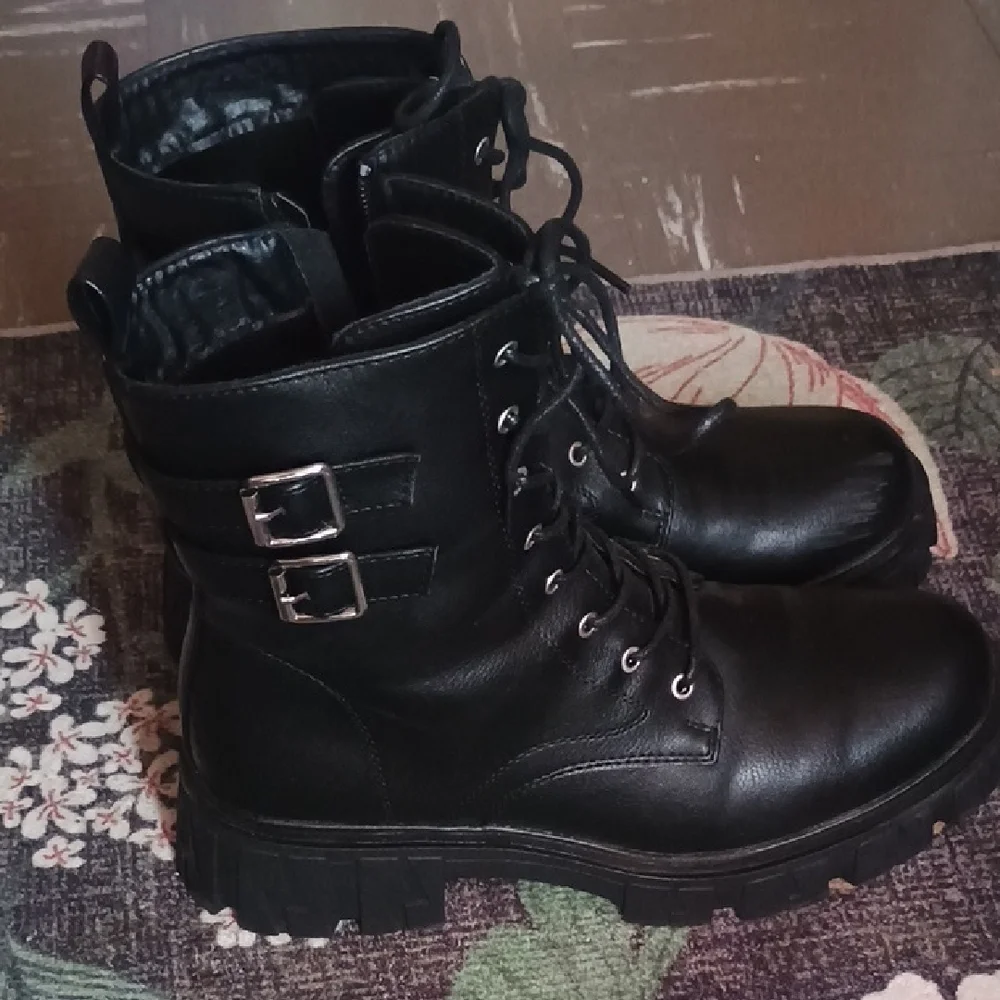 Black Combat Boots with Silver Buckle And Zipper Detail - Picture 1 of 7